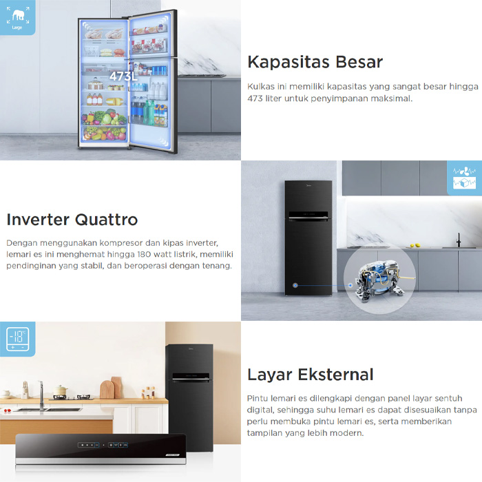 Midea Kulkas Everest 2 Pintu 473 Liter inverter Black - MDRT 611 EVD28ID | MDRT-611-EVD28ID